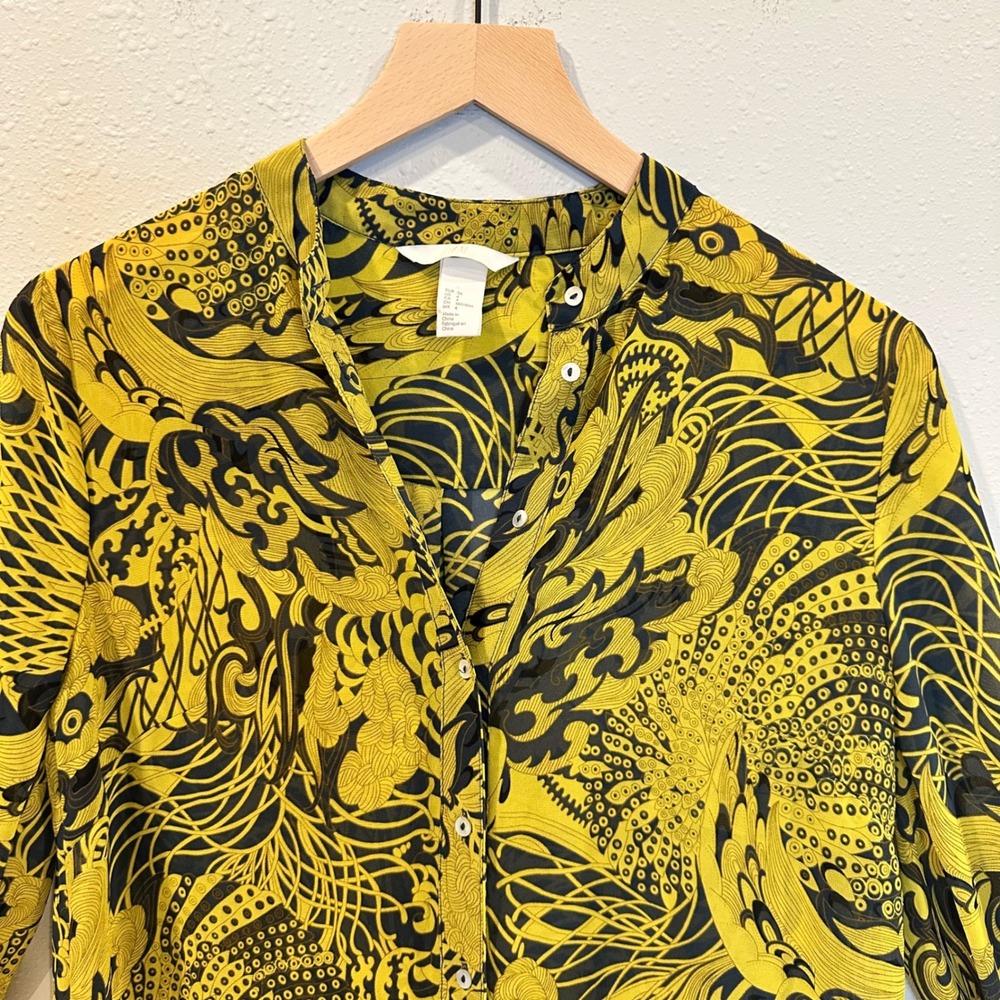 H&M Shirt Dress Women 4 Yellow Black Dragon Graphic Print Boho Sheer Lightweight - Picture 10 of 12